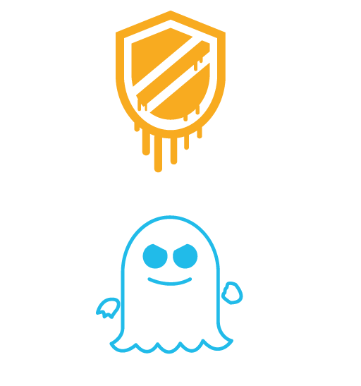 icon of a shield melting down, to represent Meltdown, and icon of a ghost, to represent Spectre