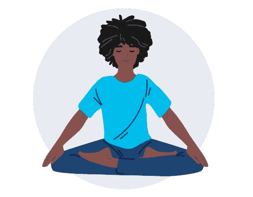 Un personaje en una pose de yoga con las piernas cruzadas
