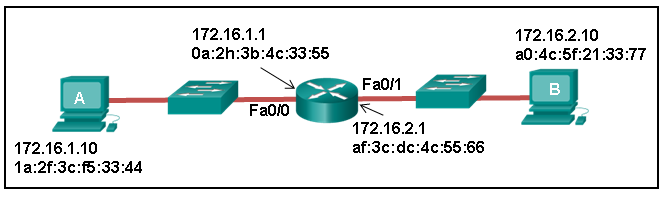 Host A connects through interface Fa0/0 on the router. Host B connects through interface Fa0/1 on the router. Host A has addresses: 172.16.1.10 and 1a:2f:3c:f5:33:44. The Fa0/0 interface of the router has addresses: 172.16.1.1 and 0a:2h:3b:4c:33:55. The Fa0/1 interface of the router has addresses: 172.16.2.1 and af:3c:dc:4c:55:66. Host B has addresses: 172.16.2.10 and a0:4c:5f:21:33:77.