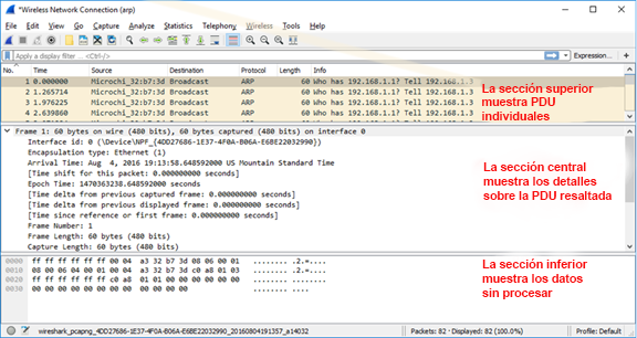 This screenshot displays the different captured Wireshark data in three sections. 1) individual PDUs, 2) details on highlighted PDU 3) raw data on the highlighted PDU