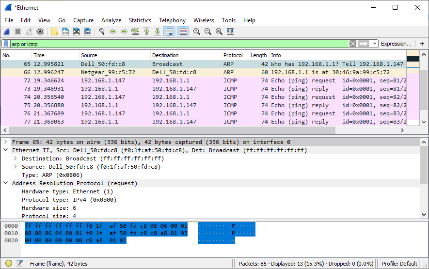 This screenshot highlights the frame details for an ARP request.