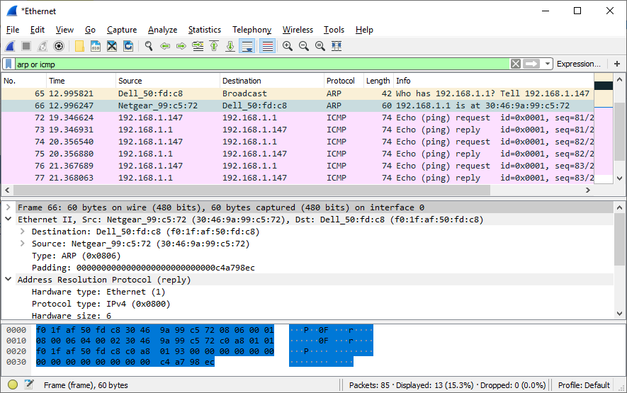 This screenshot highlights the frame details for an ARP reply.