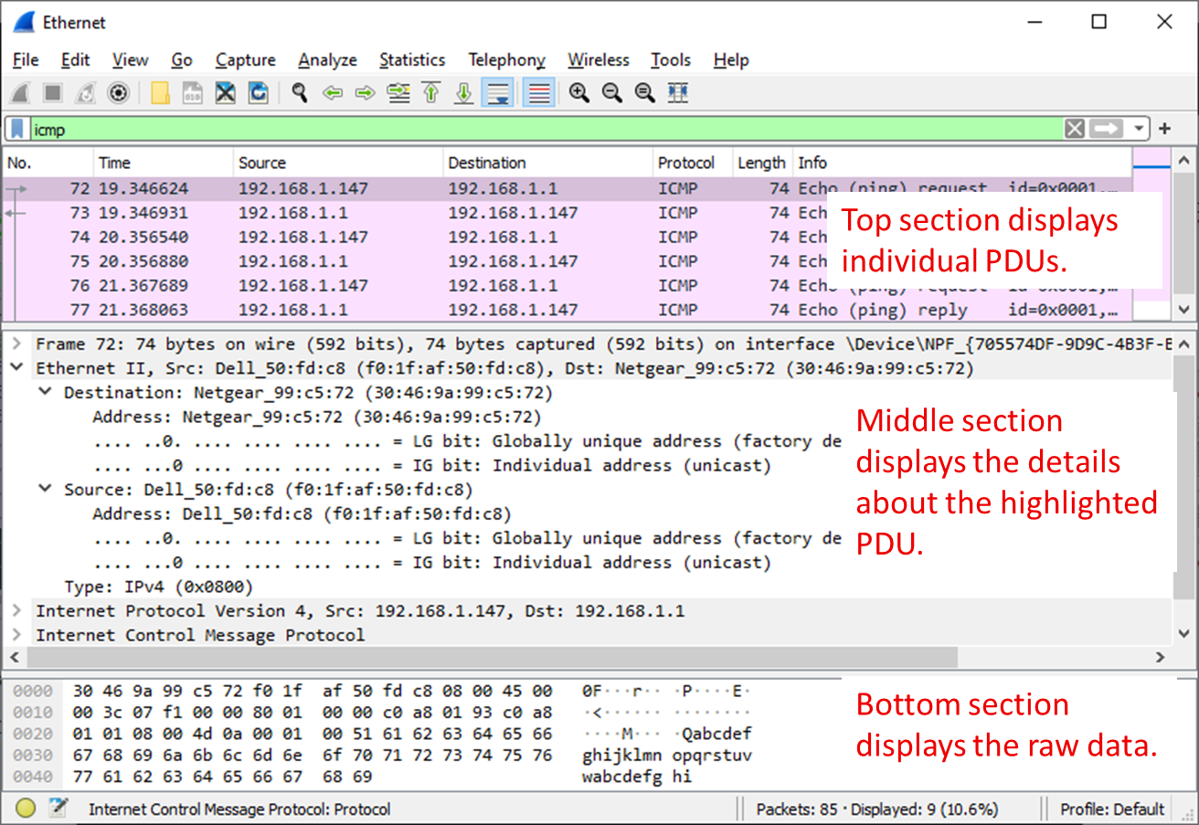 This screenshot displays the different captured Wireshark data in three sections. 1) individual PDUs, 2) details on highlighted PDU 3) raw data on the highlighted PDU