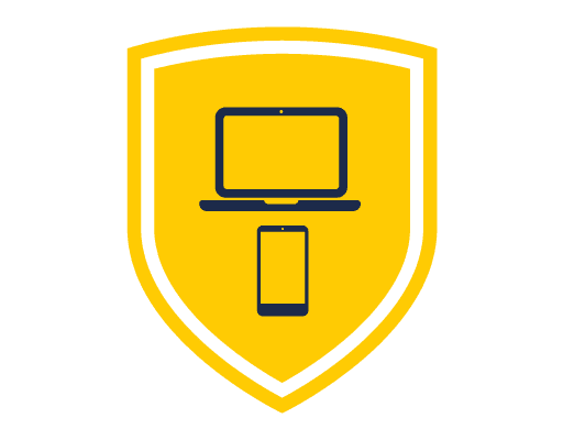 Un protector amarillo con una computadora portátil y un teléfono inteligente en el frente