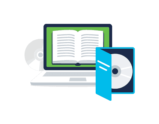 Una computadora portátil que muestra un libro en pantalla, con discos CD-ROM y DVD cercanos
