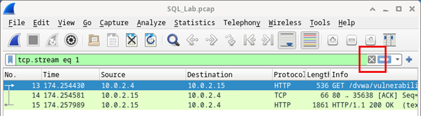 Captura de pantalla de la opción Clear seleccionada en Wireshark.
