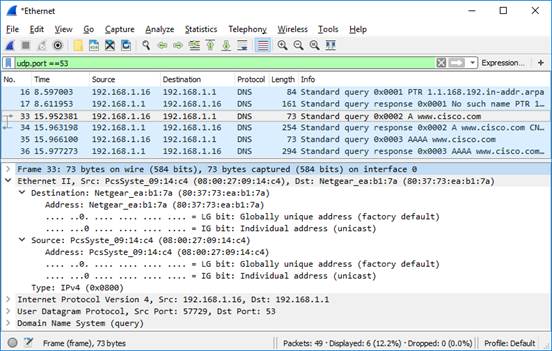 Captura de pantalla de Wireshark de la expansión de la sección Ethernet II en el panel inferior