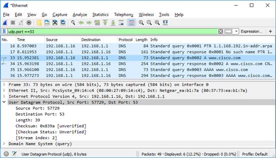 Captura de pantalla de Wireshark de la sección Protocolo de datagramas de usuario en el panel inferior