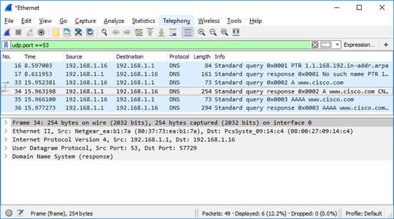 Captura de pantalla de Wireshark con un paquete de DNS resaltado