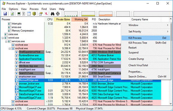 Captura de pantalla de Process Explorer muestra Microsoft Edge resaltado y el proceso Kill seleccionado. 