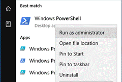 Captura de pantalla de Windows Powershell con la opción Ejecutar como administrador seleccionada.