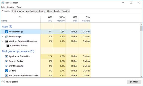 Captura de pantalla del Administrador de tareas con Microsoft Edge en Nombre seleccionado.