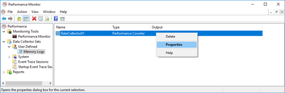 Captura de pantalla de Performance Monitor con las propiedades de DataCollector01 seleccionadas.