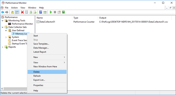 Captura de pantalla de Performance Monitor con los registros de memoria resaltados y la opción de eliminación seleccionada.
