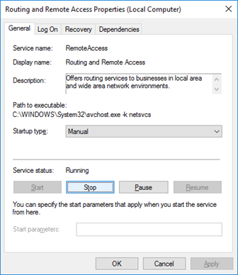 Captura de pantalla de la ventana de propiedades de routing y acceso remoto con los botones Detener (Stop) y Pausar (Pause) activos.